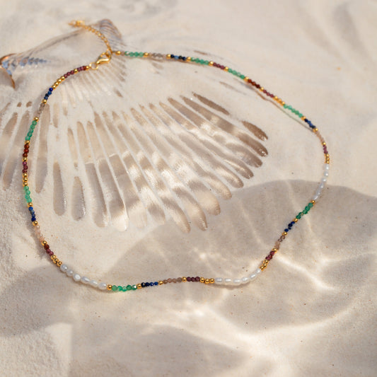 Geometric Colorful Gemstone and Freshwater Pearl Beaded Necklace Stainless Steel Plated Curb Chain for Women