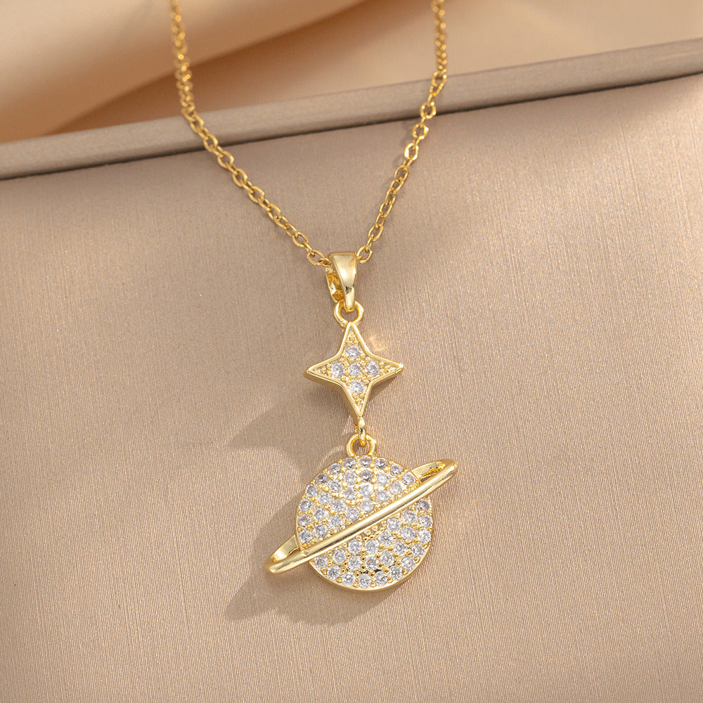 Minimalist Geometric Titanium Steel Plated Necklace for Women with Snake Chain and Lucky Planet Pendant