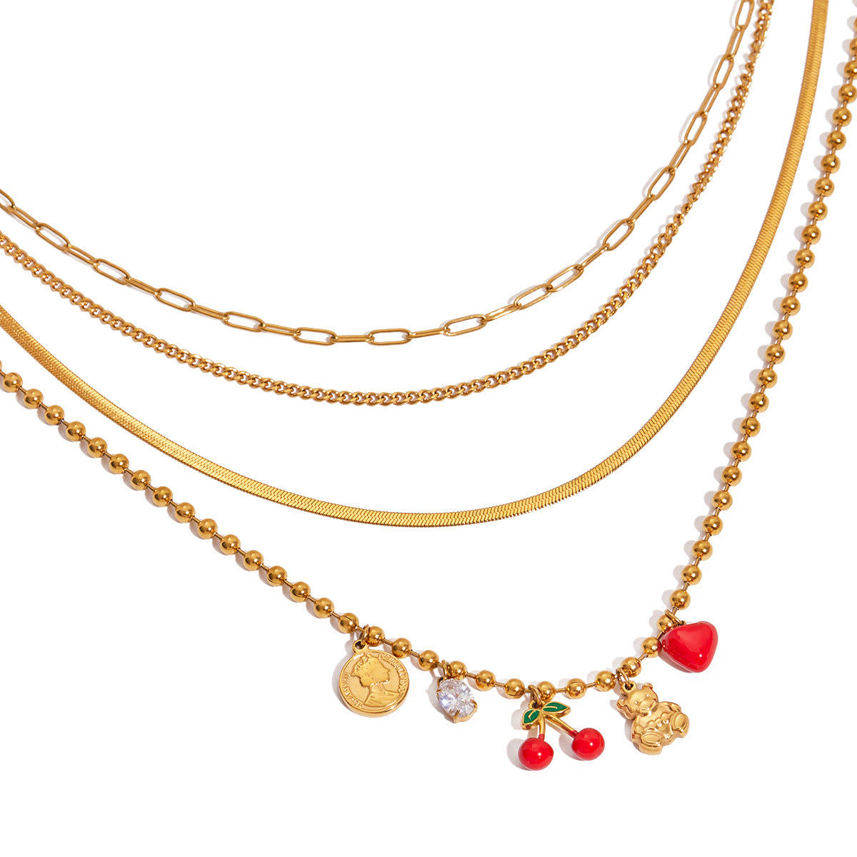 Collana minimalista in acciaio inossidabile a forma di ciliegia con intarsio di zirconi per donna, catena a clavicola multistrato in acciaio al titanio placcato
