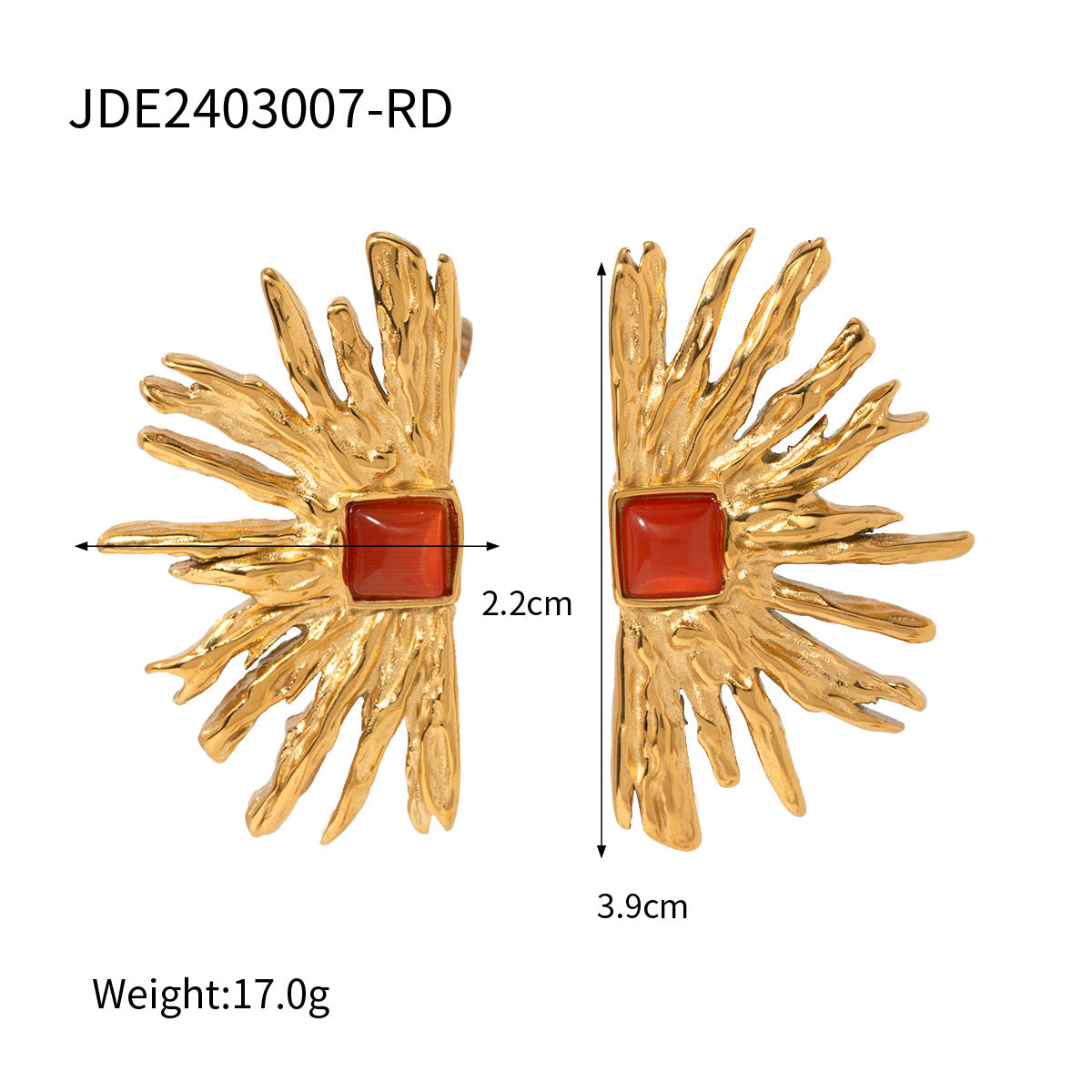 Unique Ins Style 18K Gold Plated Stainless Steel Red Cat's Eye Semi-Circle Sunflower Stud Earrings for Women