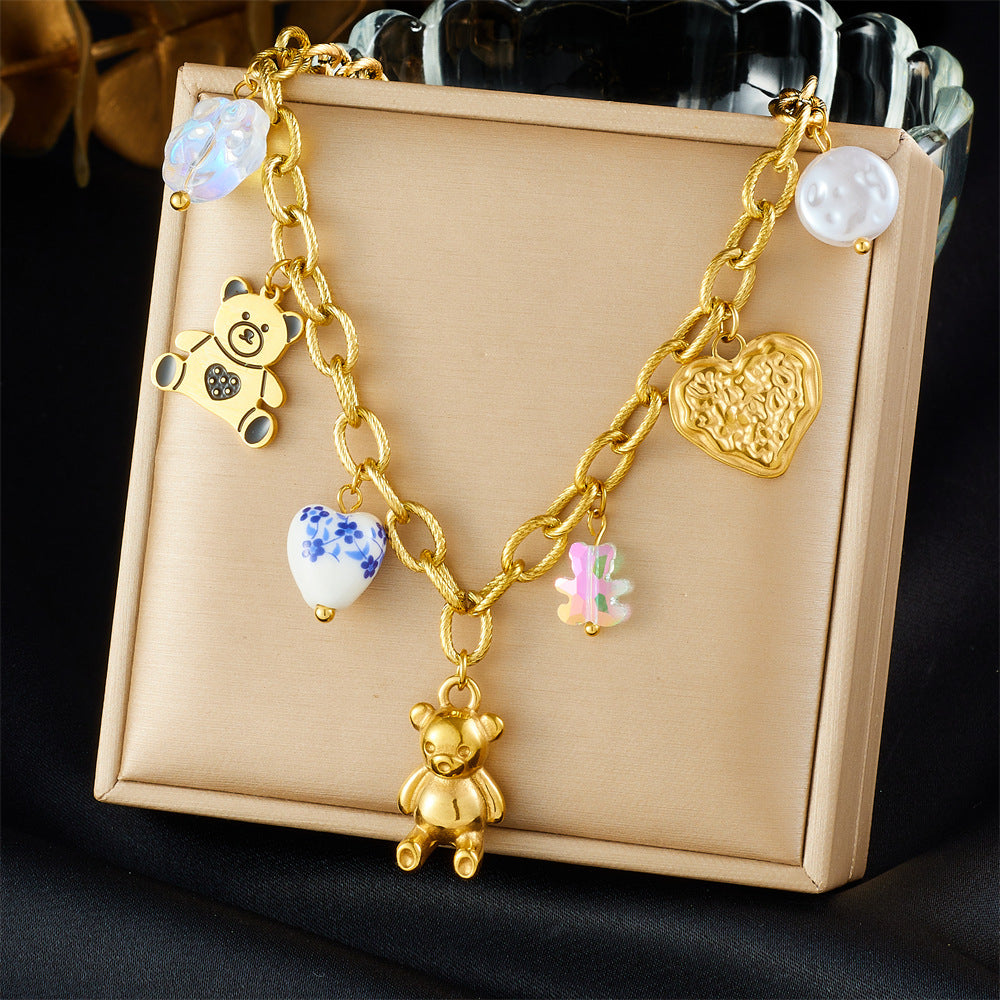 Chic Cartoon Animal Bear Gold Plated Stainless Steel Necklace with Cable Chain for Women