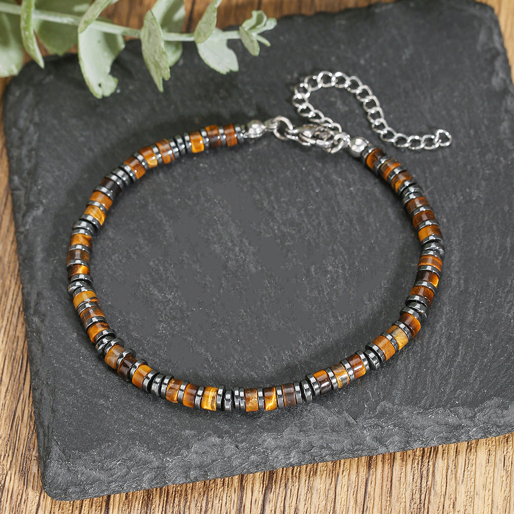 Geometric Handmade Beaded Tiger Eye and Hematite Bracelet with Woven Cord