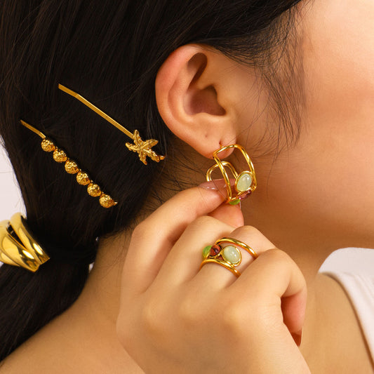 Juego de aretes y anillo de piedra natural chapados en oro de 18 quilates de acero inoxidable con forma de C geométrica estilo francés vintage