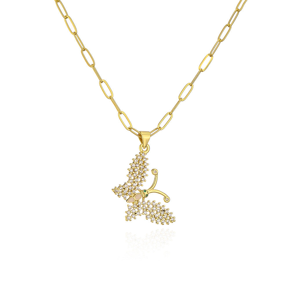 Minimalist Butterfly and Dragonfly Pendant Necklace for Women in Copper with 18K Gold Plating and Micro-Pave Zirconia