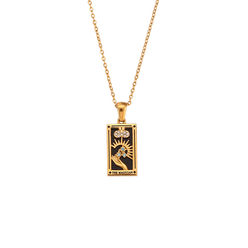 Fashionable Vintage Rectangular Titanium Steel Pendant Necklace with Enamel Finish and Zircon Inlay for Women