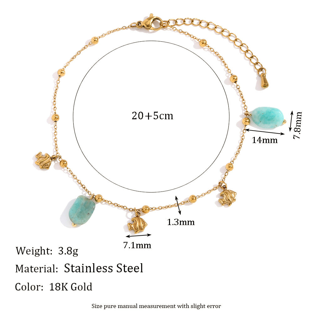 Cavigliera minimalista a forma di pesce in acciaio inossidabile con placcatura in oro 18 carati e ciondolo acquamarina da donna