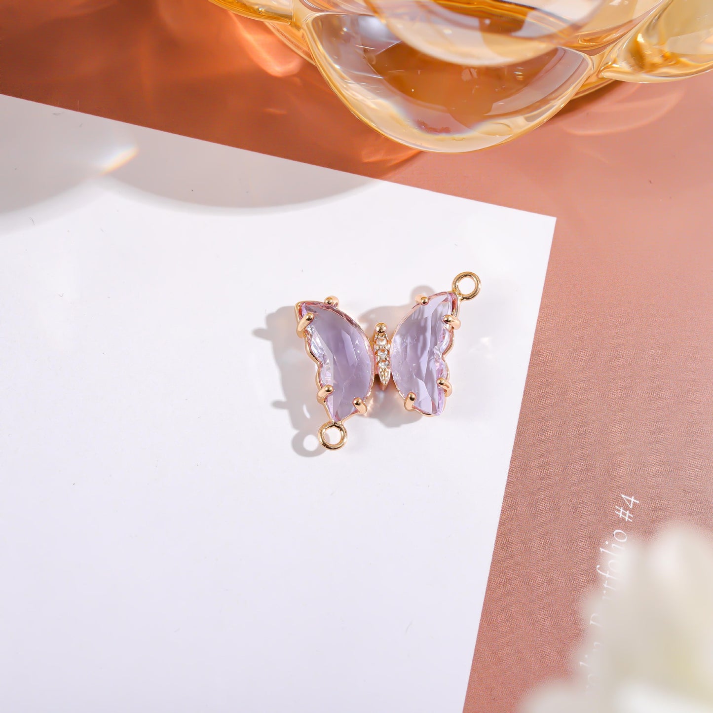 Sweet Gradient Glitter Crystal Butterfly Double Pendant Brass Plated Charm Bar