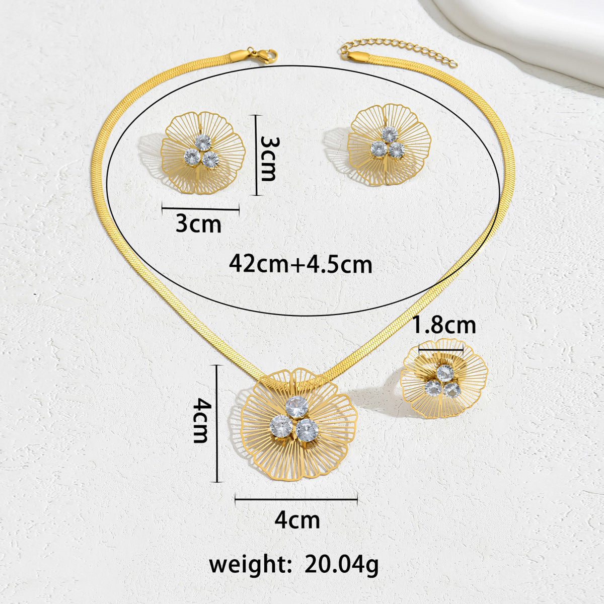 Set di collana e orecchini in rame floreale minimalista con zirconi intarsiati da donna