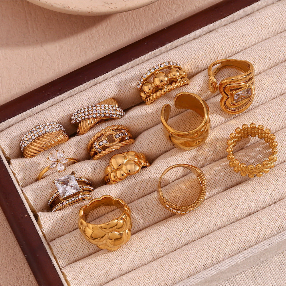 Minimalist Geometric Stainless Steel Ring with 18K Gold Plating and Micro-Paved Zirconia for Women