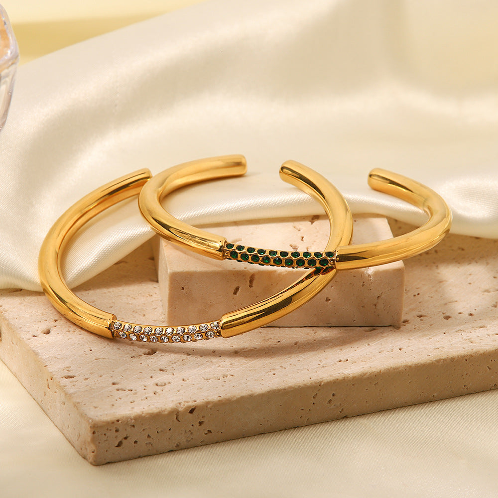 INS Style Geometric Stainless Steel Bracelet with 18K Gold Plating and Green Rhinestone Inlay