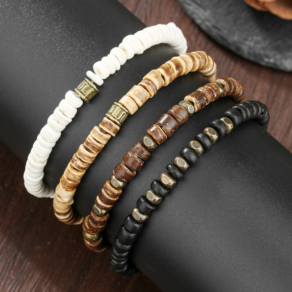 Vintage Hip-hop Round Wood Bead Bracelet with Alloy Accents for Unisex