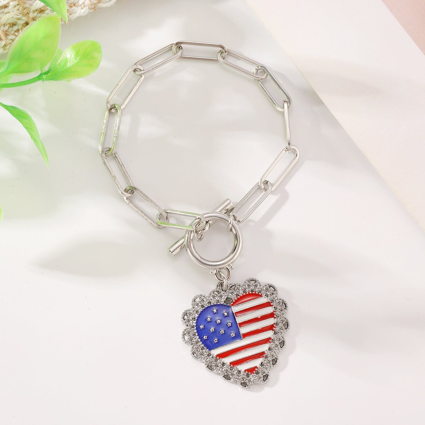Patriotic Resin Beaded Bracelet Set with Heart Star Letter Charms and Rhinestone Accents