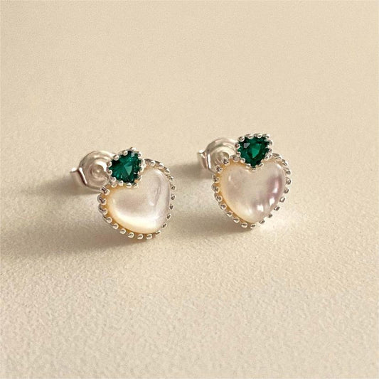 Minimalist Heart-Shaped 925 Sterling Silver Ear Studs with Green Zircon and Abalone Inlay