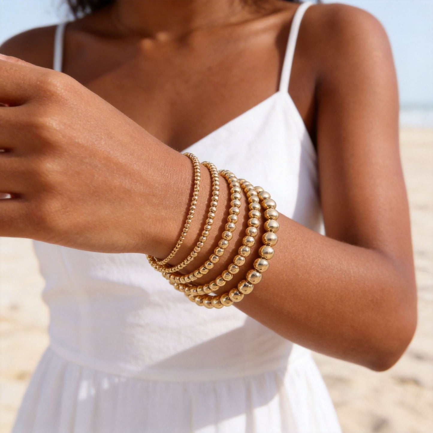 18K Gold Plated Round Brass Bead Stretch Bracelet
