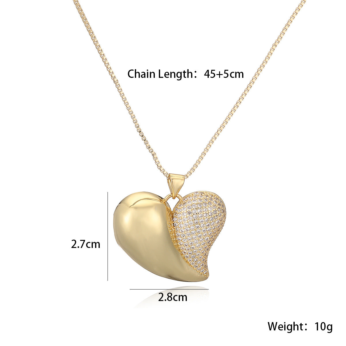 Minimalist Elegant 18K Gold Plated Brass Heart Cubic Zirconia Pendant Necklace for Women