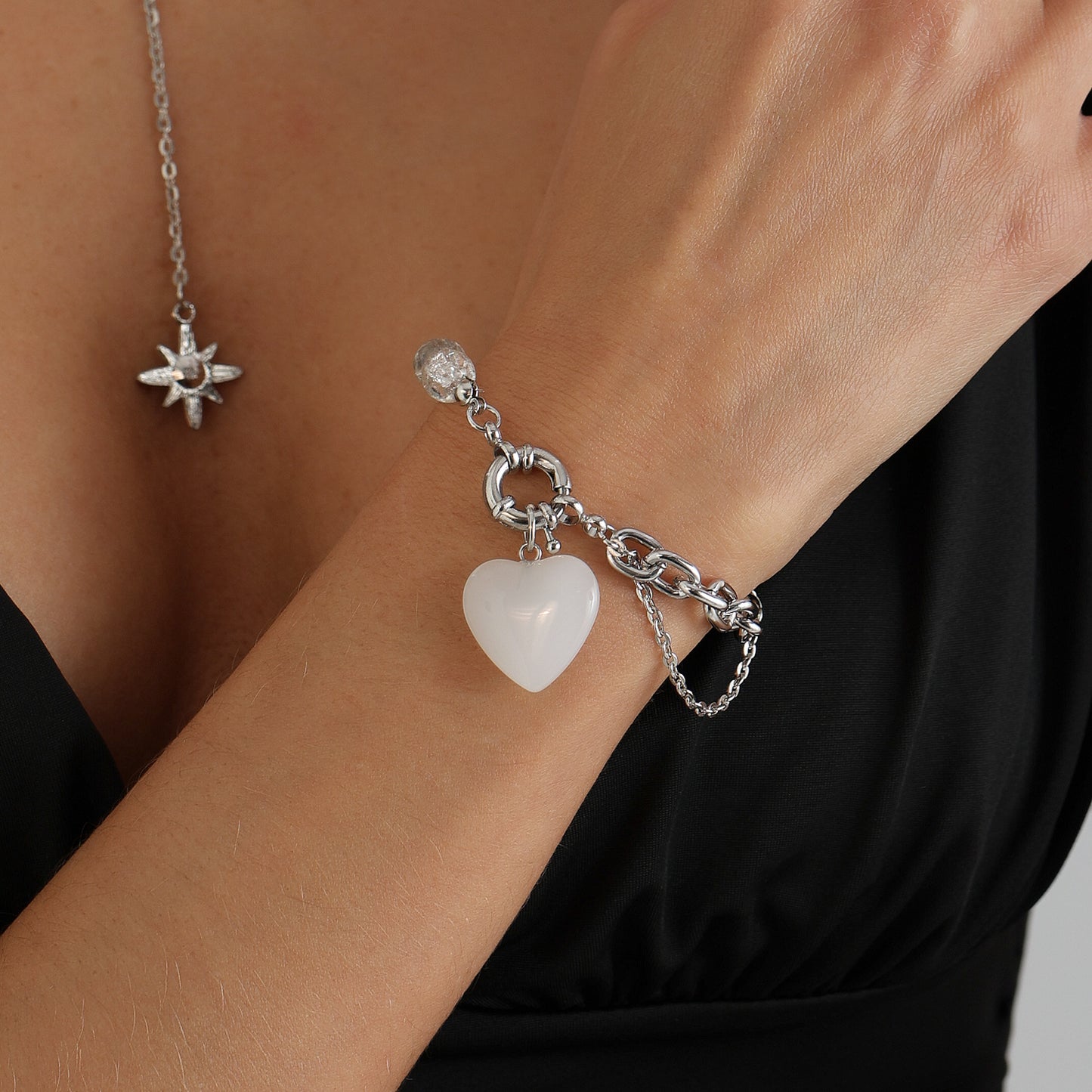 Sweet Streetwear Crackle Crystal Heart Geometric Star Glass Pendant Aluminum Alloy Plated Necklace Bracelet Set for Women and Men