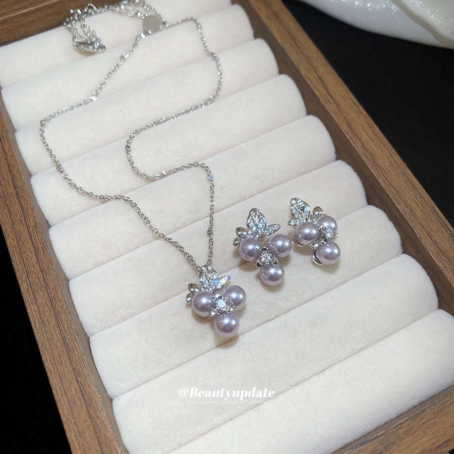 Elegante conjunto de collar y pendientes de perlas con diseño floral estilo francés, con detalles de pedrería, acabado chapado, cadena de clavícula, para mujer