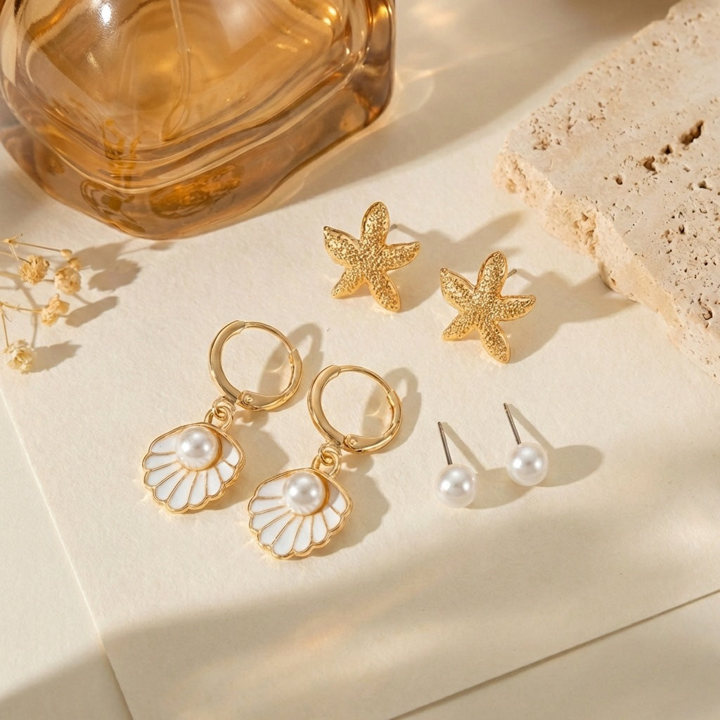 Elegant Alloy Starfish and Pearl Stud Earrings with Shell Elements