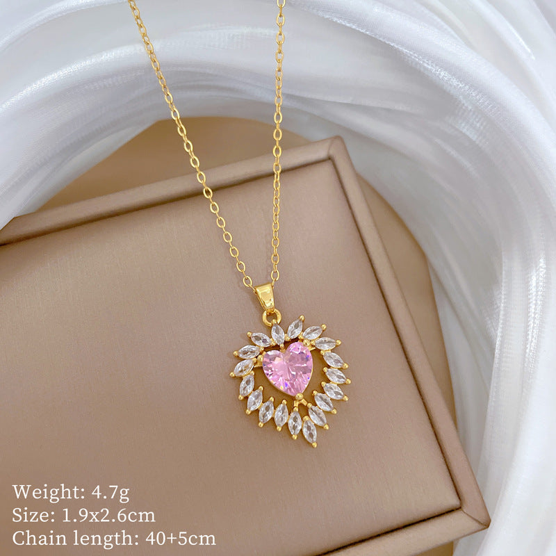 Elegante Collar de Acero de Titanio con Corazón y Circonitas para Mujer con Delicada Cadena a la Clavícula
