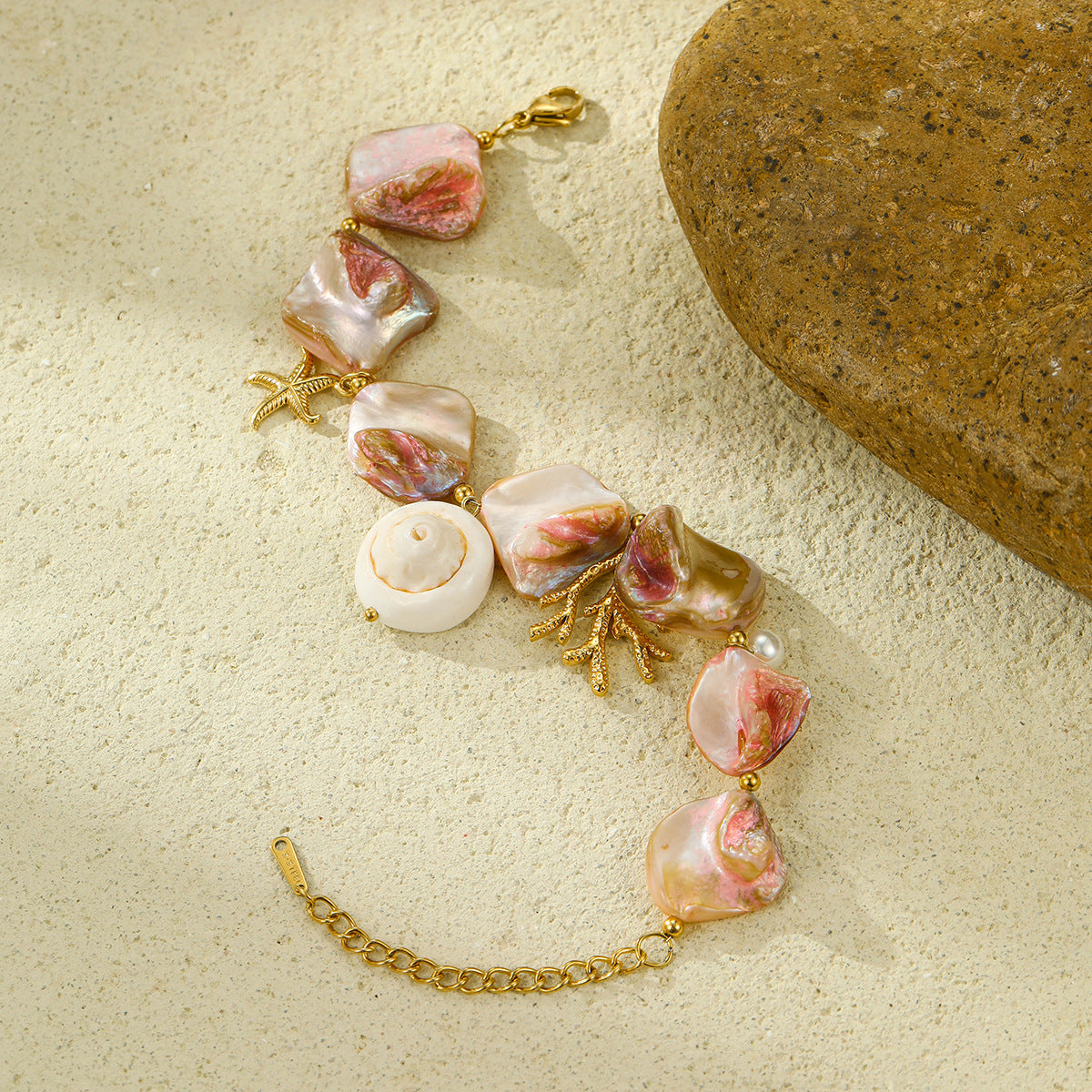 18K Gold Plated Stainless Steel Beach Style Shell Coral Bracelet for Women