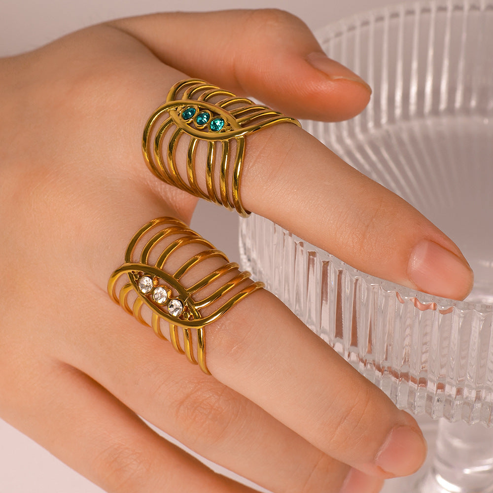Geometric Stainless Steel Ring with 18K Gold Plating and Zircon Inlay for Women — Hypoallergenic, Fade-Resistant Statement Jewelry