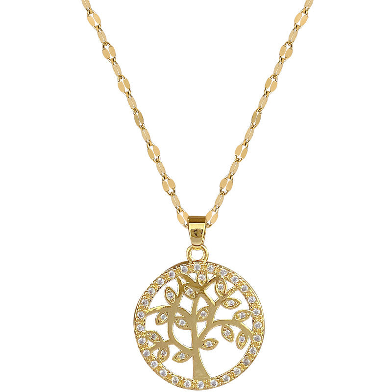 Collana Pendente Albero della Vita di Lusso in Acciaio al Titanio con Intarsio di Zirconi per Donna, Design Geometrico, Delicata Catena alla Clavicola