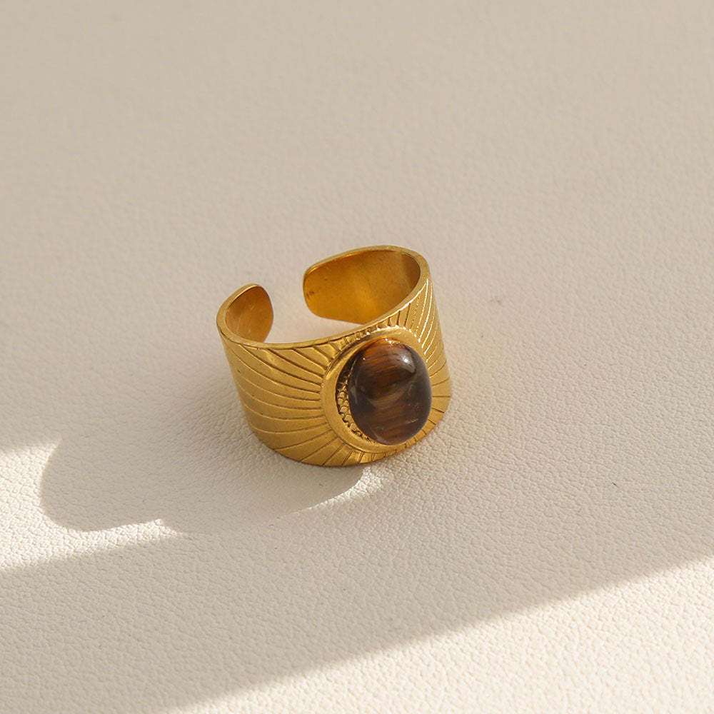 Vintage Instagram Style Adjustable Geometric Stainless Steel Ring with 18K Gold Plating for Women