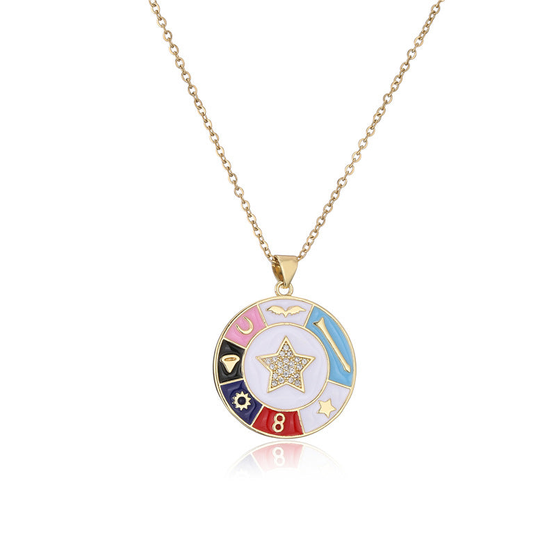 Streetwear Gold Plated Brass Drip Oil Round Star Skull Pendant Necklace with Cable Chain