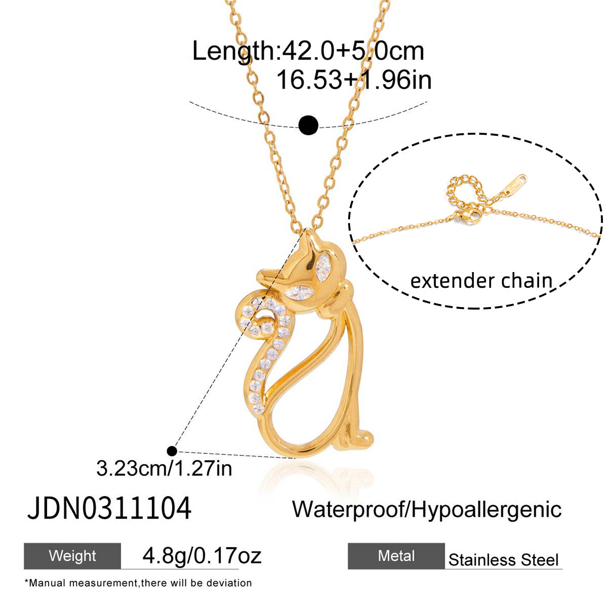Elegante collar con colgante de gato en acero de titanio con incrustaciones de diamantes de imitación y chapado de oro PVD para mujer