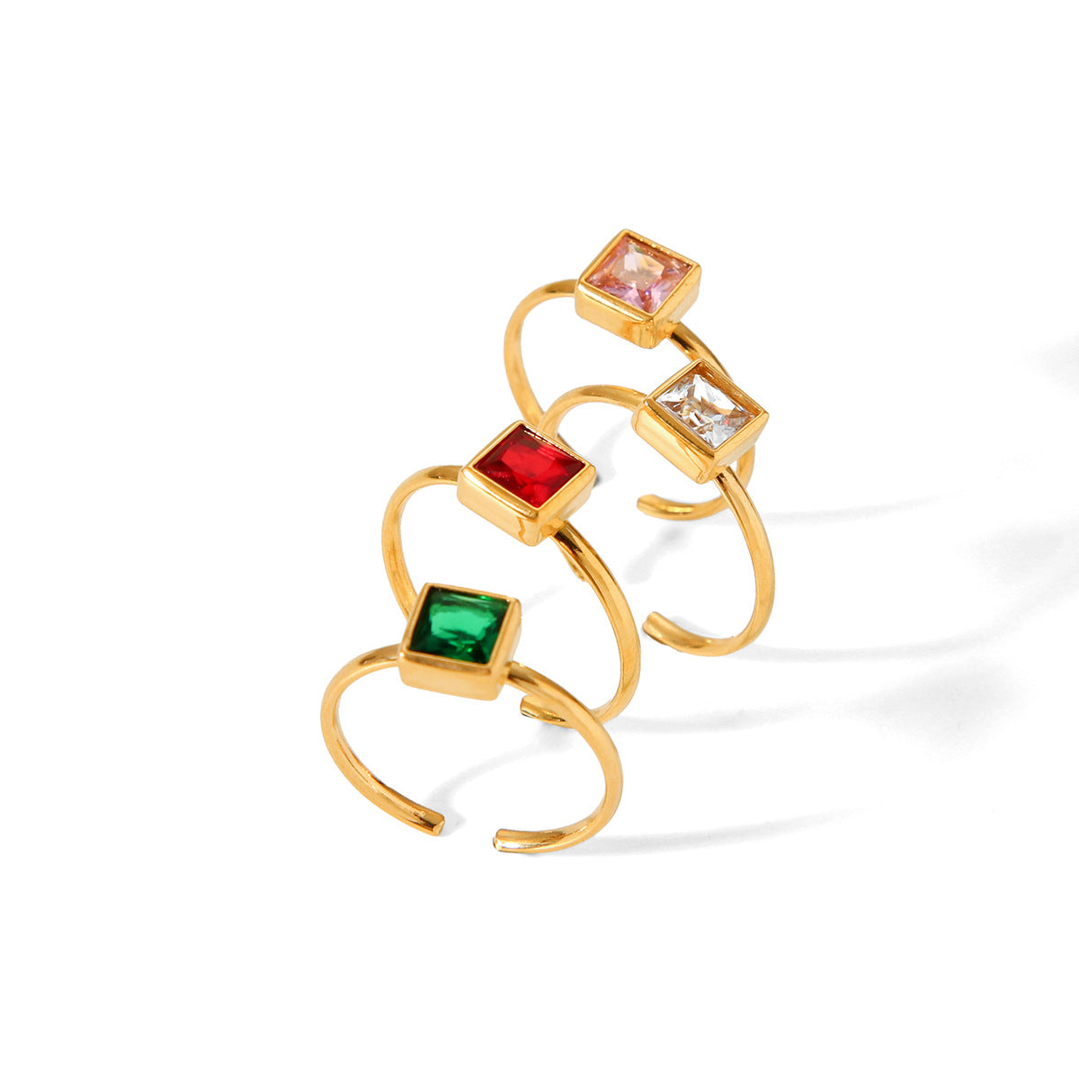 Minimalist Geometric Open Ring for Women in Titanium Steel with 18K Gold Plating and Square Zircon Inlay