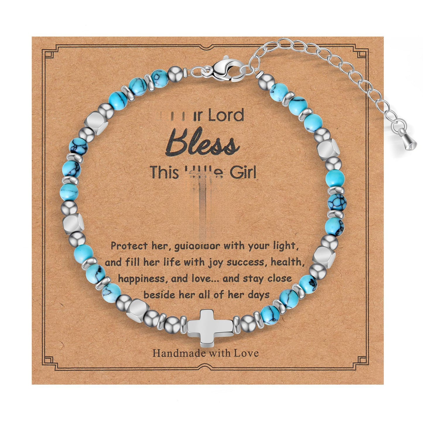 Minimalist Cross Stainless Steel Ball Chain Bracelet with Pink Crystal and Blue Turquoise for Women