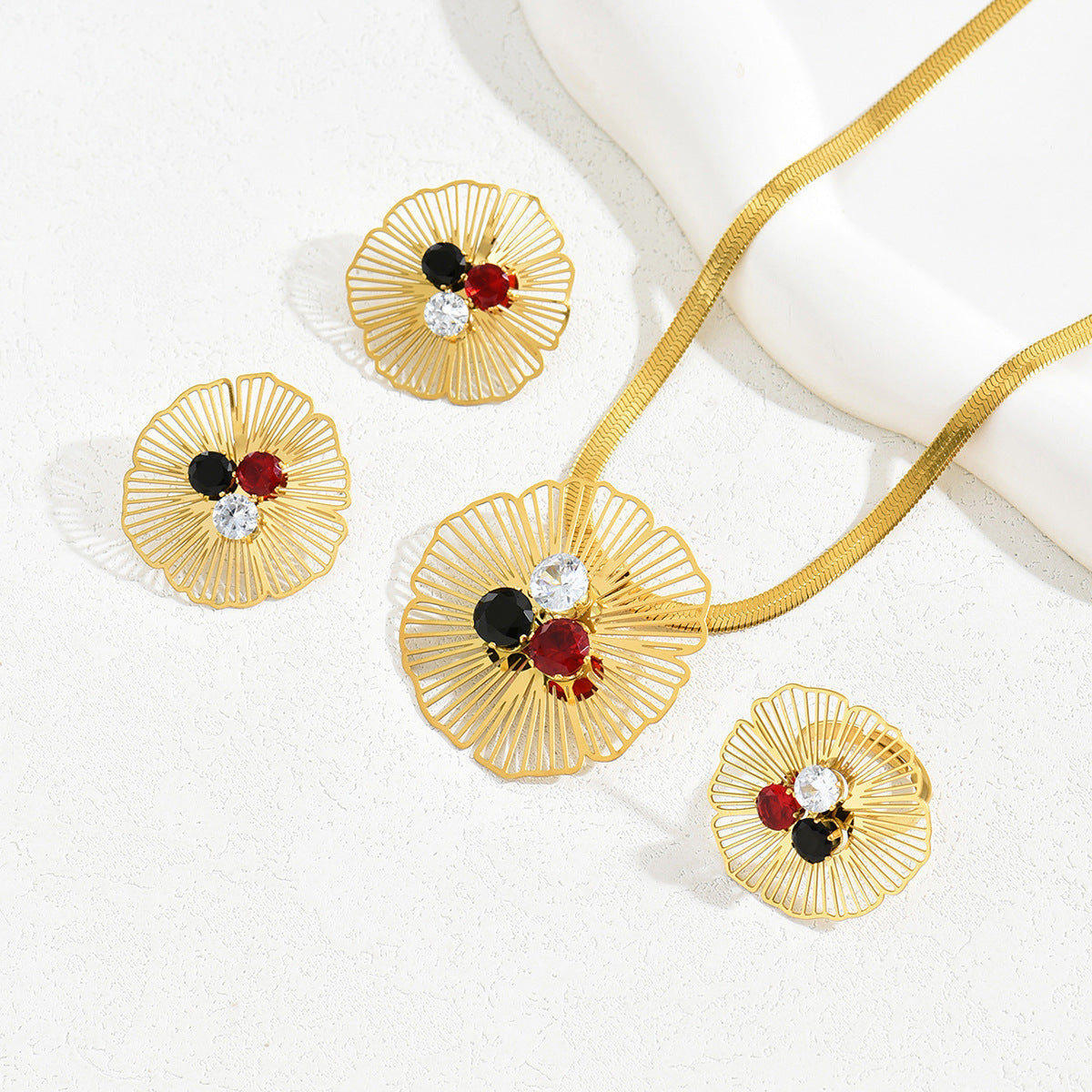 Luxury Floral Pendant Necklace Set with Zircon Inlay Copper Jewelry for Women Including Earrings Necklace and Bracelet