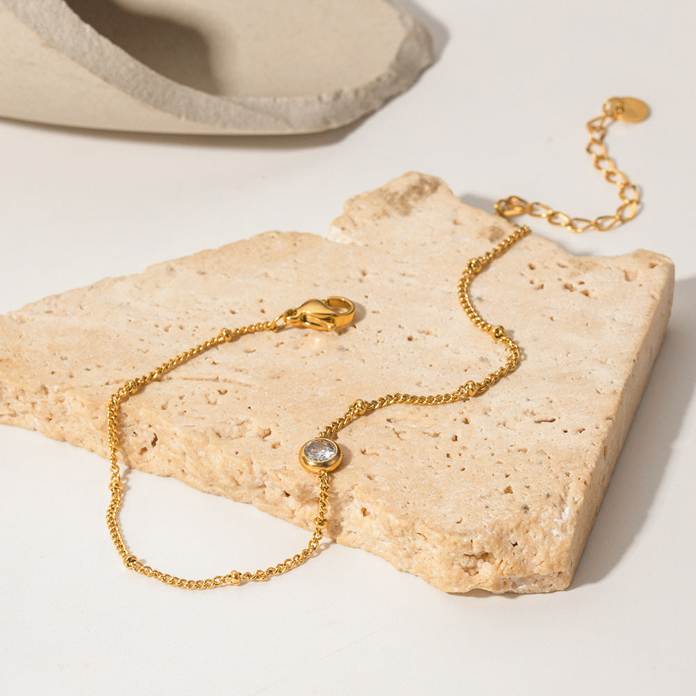 Retro INS-Style Geometric Titanium Steel Anklet with 16K Gold Plating and White Zircon Inlay for Women