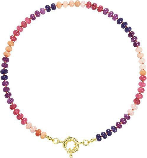 Sweet 8mm Natural Stone Bead Necklace Stainless Steel Geometric Round Ball Chain for Women