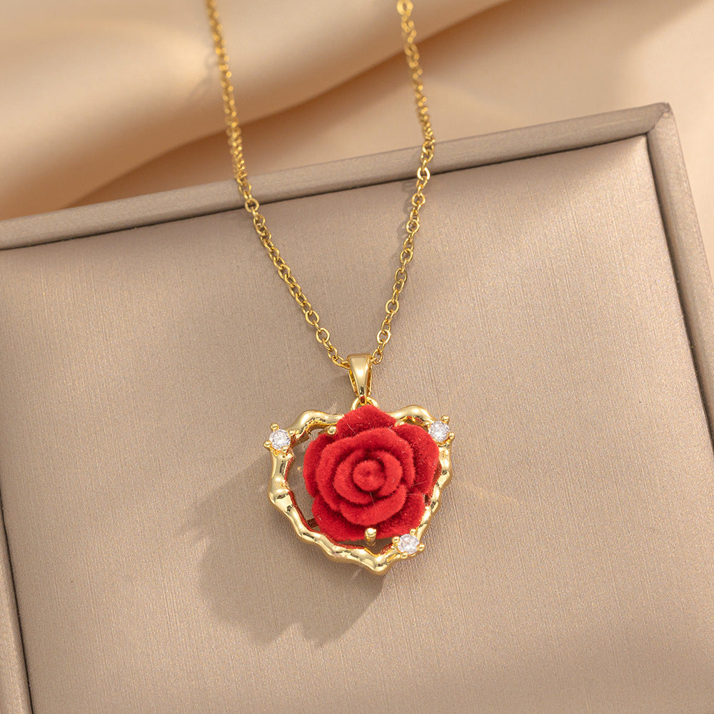 Minimalist Rose Flower Pendant Necklace for Women in Titanium Steel with Gold Plating on Snake Chain