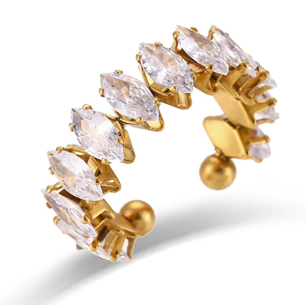 Bracciale da donna rigido aperto minimalista regolabile in acciaio inossidabile placcato oro con intarsi di strass a forma di diamante
