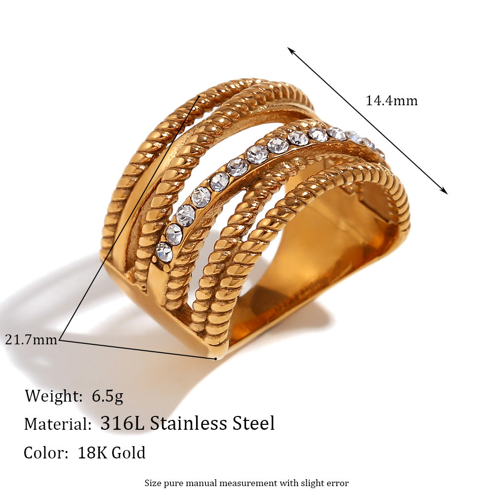Minimalist Geometric Stainless Steel Ring with 18K Gold Plating, Interwoven Hollow Design and Rhinestone Accents for Women