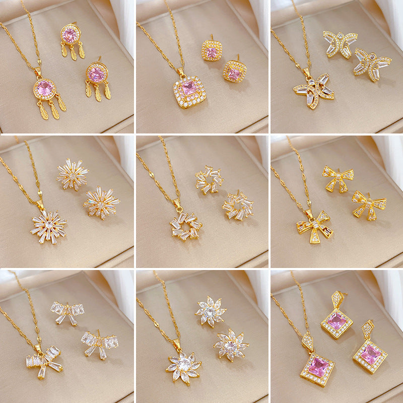 Luxury Fresh and Sweet Plated Brass Zircon Micro-Pave Earrings and Necklace Set