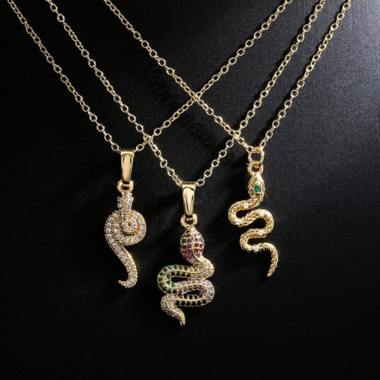 Minimalist Snake-Shaped Pendant Necklace for Women Made of Copper with 18K Gold Plating and Zircon Inlay