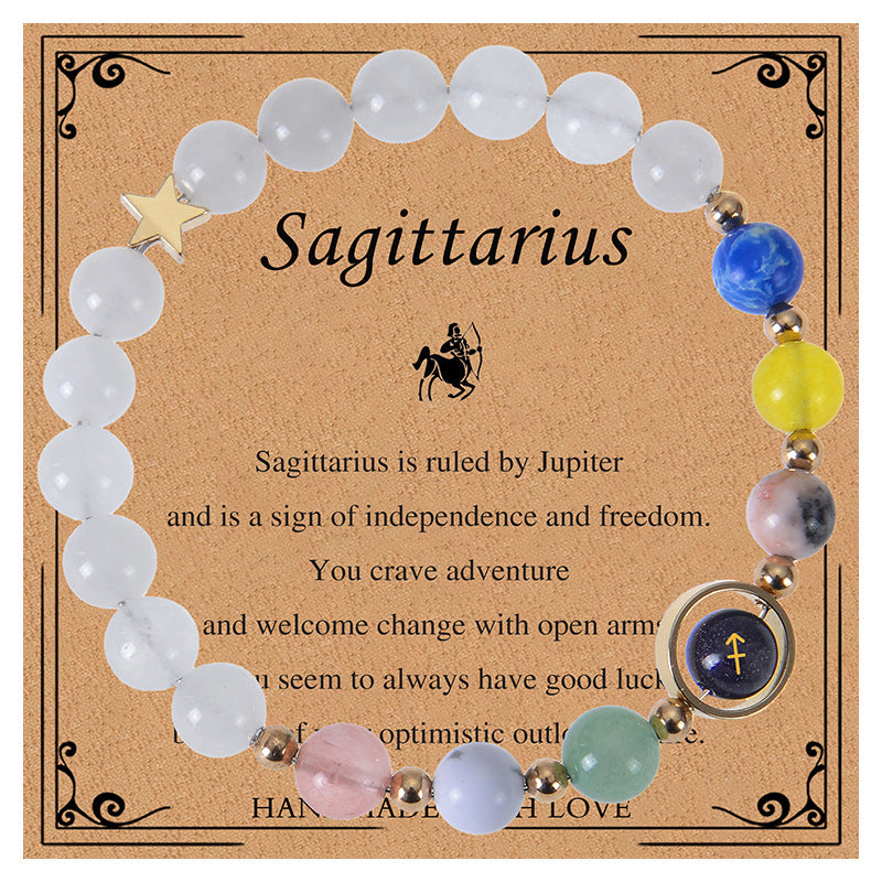Unisex Blue Sandstone Beaded Bracelet with Zodiac Constellation Engraving