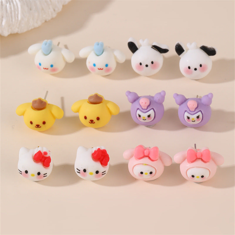 Orecchini a perno per bambine di Sanrio Kiki, in resina plastica, con personaggi dei cartoni animati e intarsio di perle