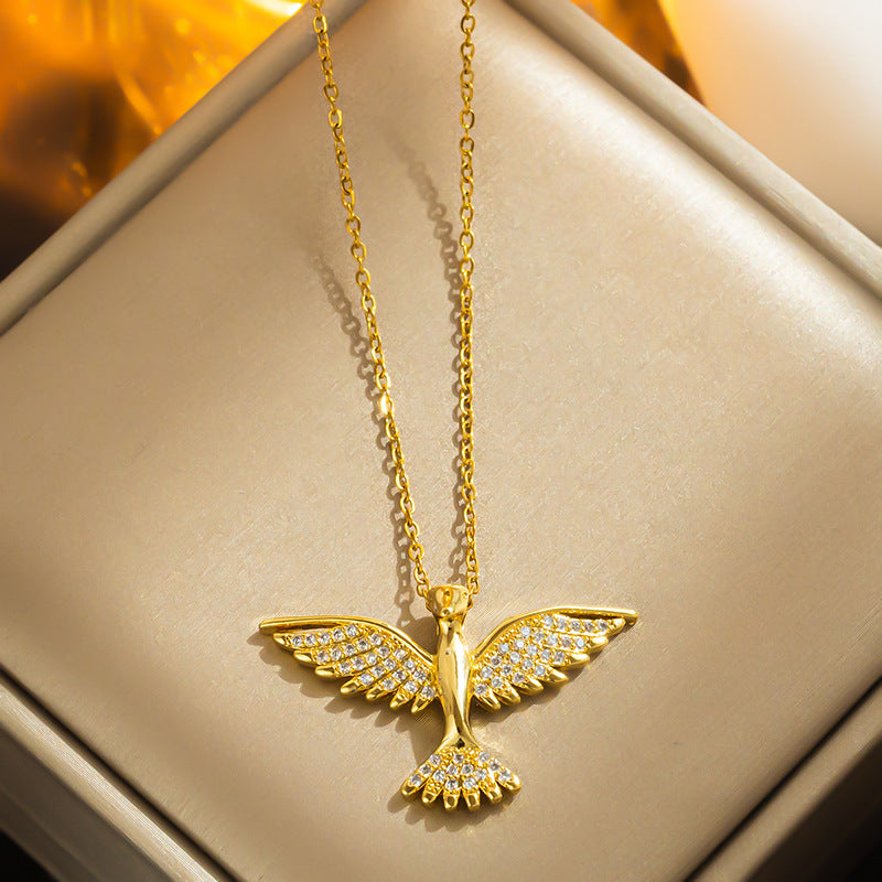 Collana con ciondolo fenice geometrico di lusso da donna in acciaio al titanio con catena a serpente e intarsio in oro