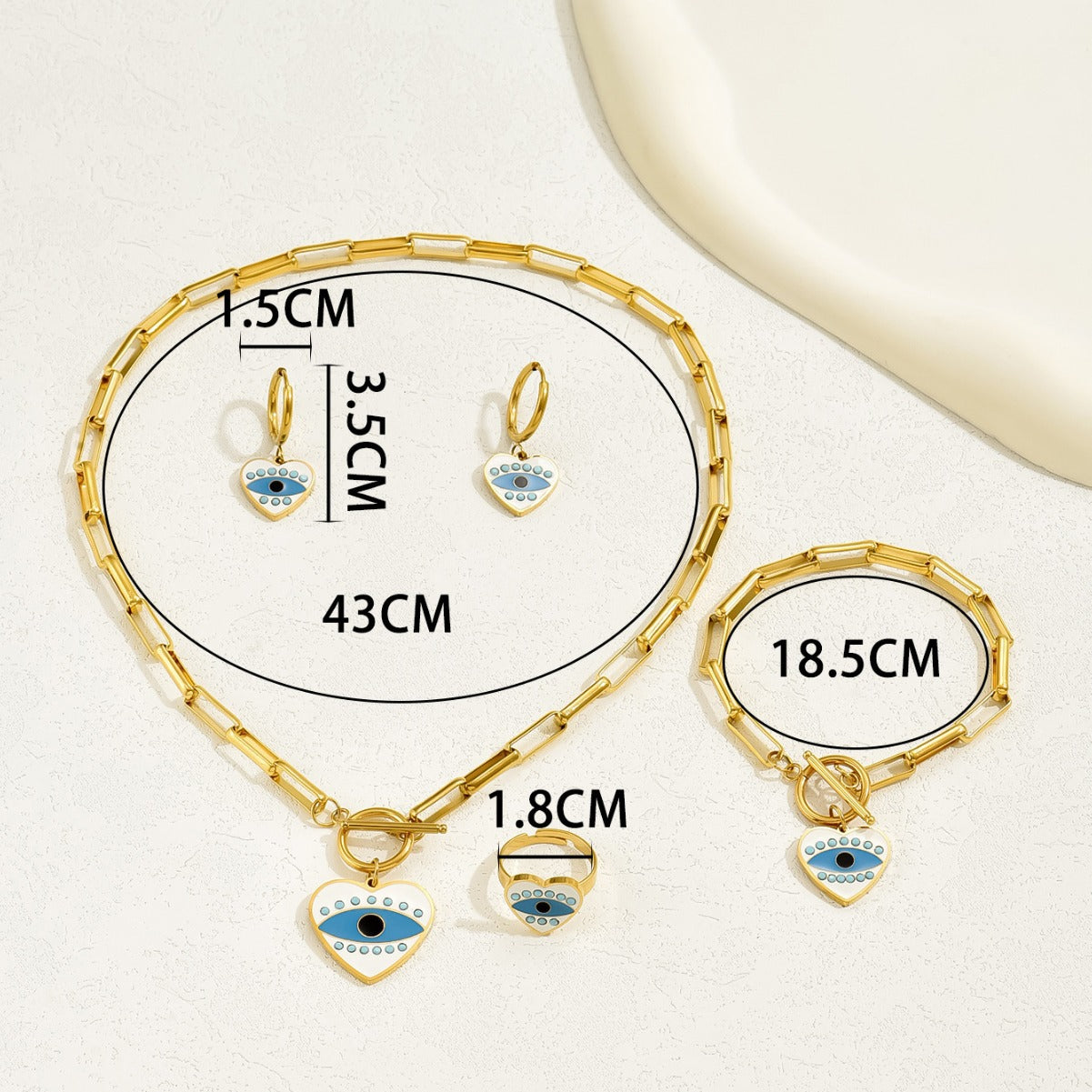 Conjunto de collar, aretes, pulsera y anillo esmaltado de ojo turco con diseño de corazón de moda para mujer