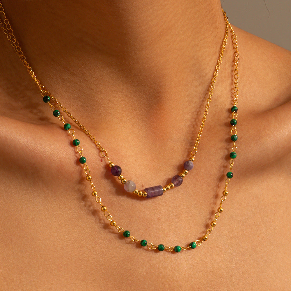 Collar multicapa de moda con cuentas turquesas de acero inoxidable chapado en oro de 18 quilates con diseño geométrico para mujer