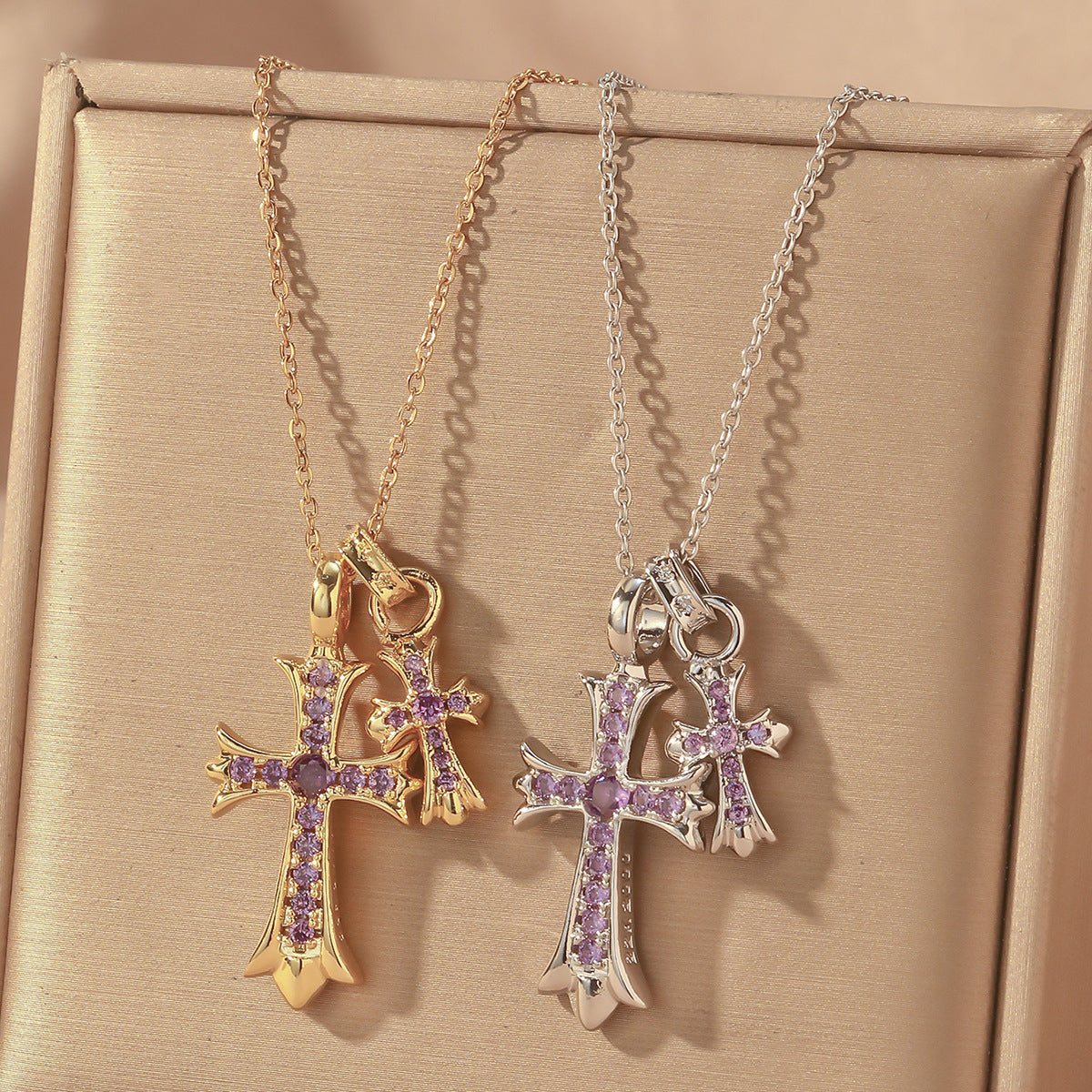 Luxury Sweet Double Cross Pendant Plated Titanium Steel Necklace with Curb Chain for Women