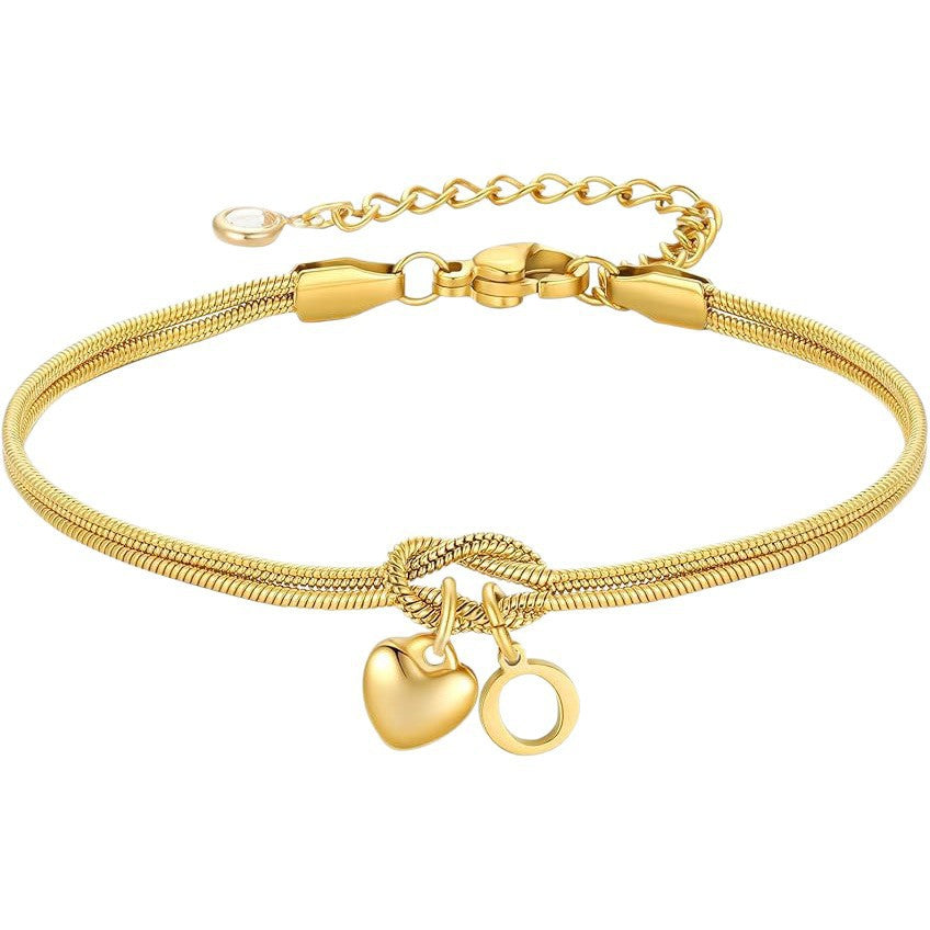 Sweet Luxury Stainless Steel PVD Snake Chain Bracelet with Rhinestone Letter Heart Cross Pendant for Women