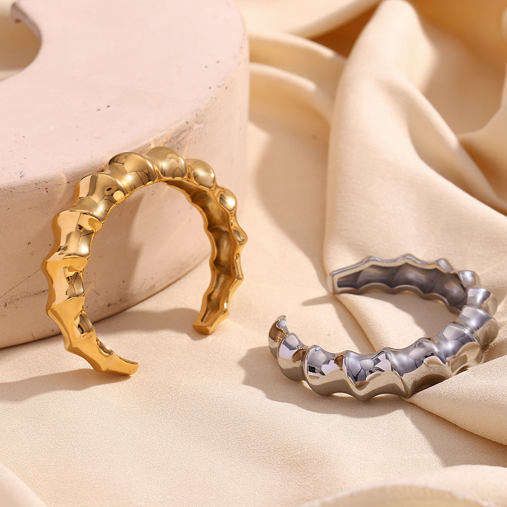 Minimalist Spiral Bamboo Cuff Bracelet for Women in Stainless Steel with 18K Gold Plating