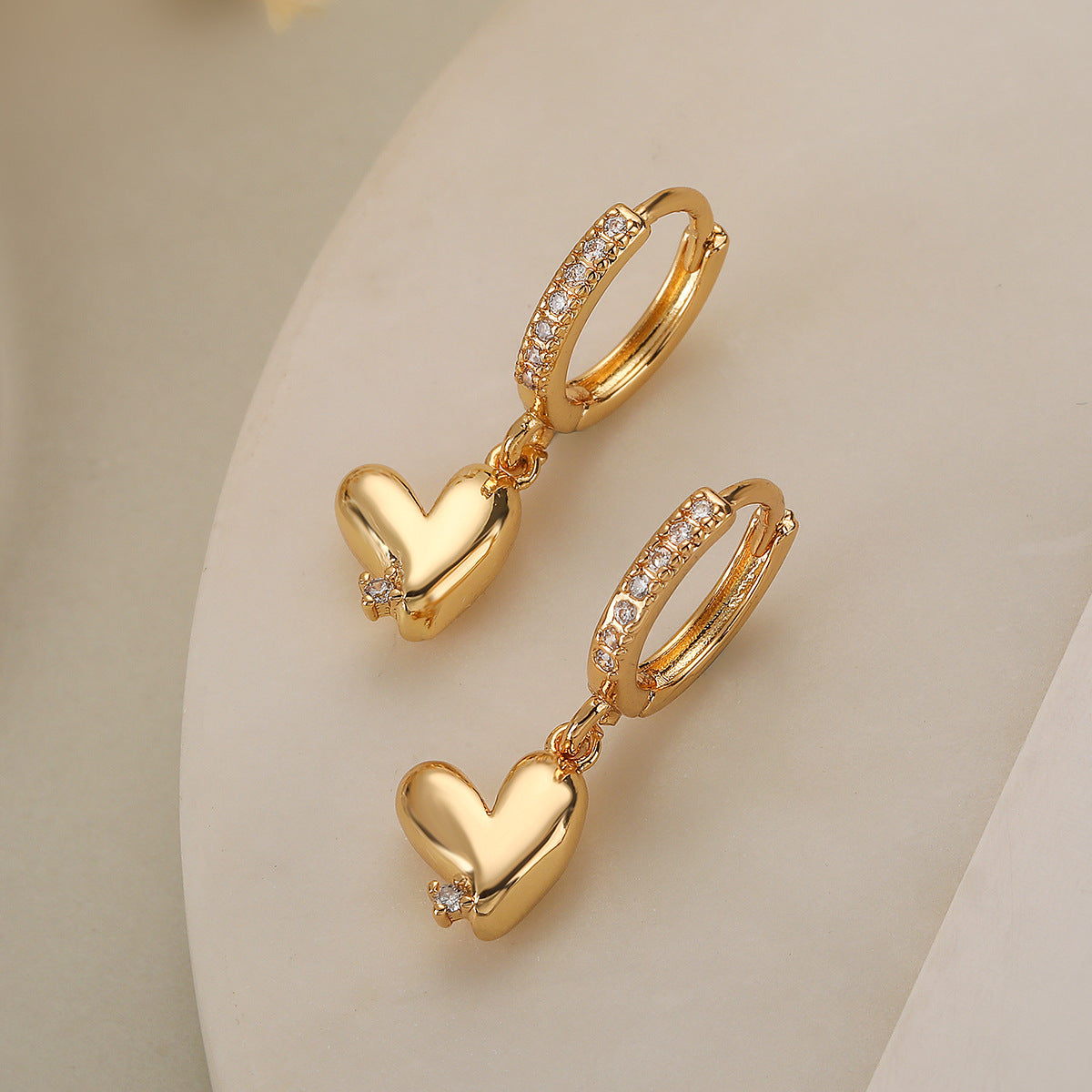 Minimalist Heart-Shaped Copper Earrings with Real Gold Plating and Zircon Accents for Women