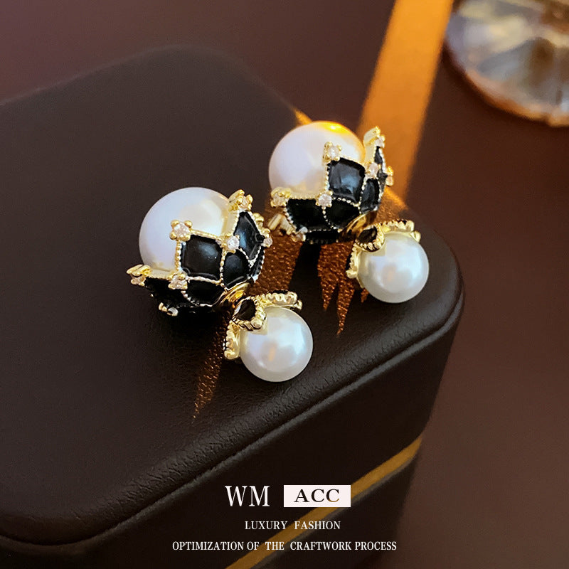 Vintage Geometric Earrings with Black Enamel and Pearl Accents on 925 Sterling Silver Posts