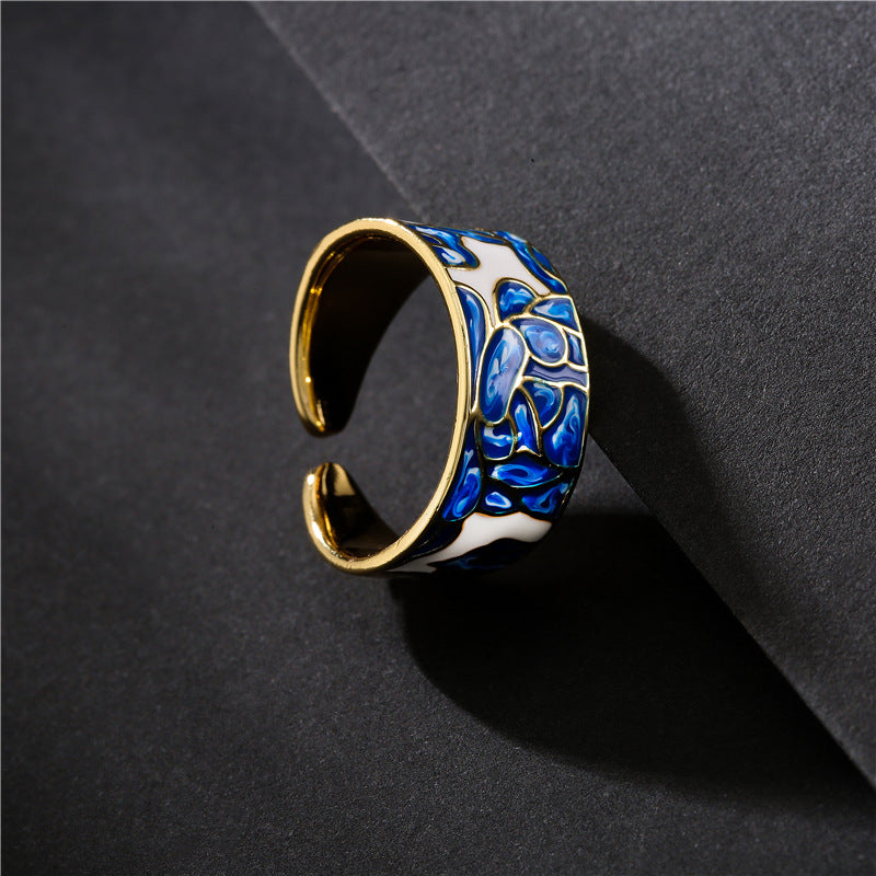 Minimalist Geometric Enamel Ring for Women Adjustable Copper Band with Blue-and-White Porcelain-Inspired Design